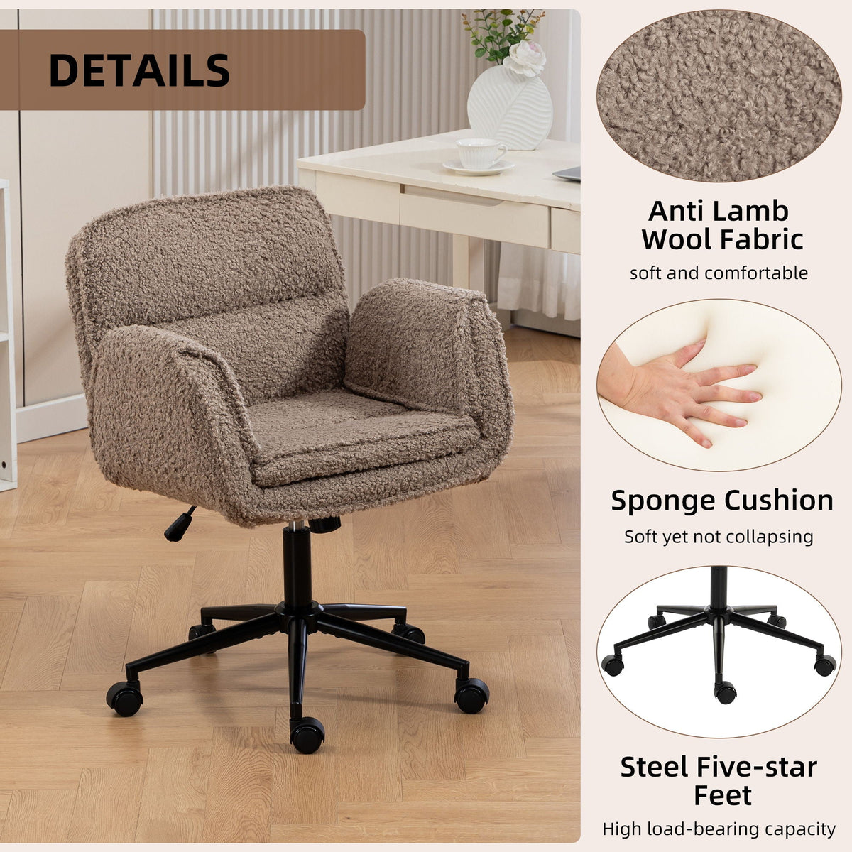 Dark brown fabric swivel desk chair with padded arms and seat, on five rolling feet