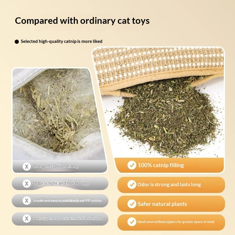 Beige woven catnip pillow chew toy with visible green catnip filling along the open seam.