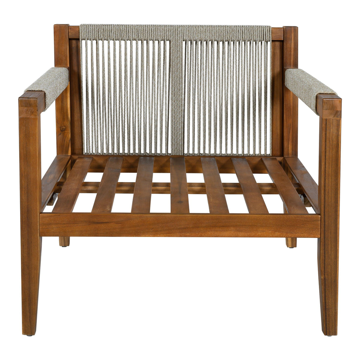 Outdoor acacia wood chair with light gray rope back and gray seat cushions