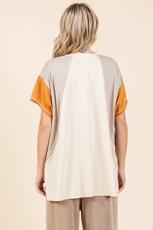 Color-block V-neck short-sleeve t-shirt, cream back with orange sleeve trim
