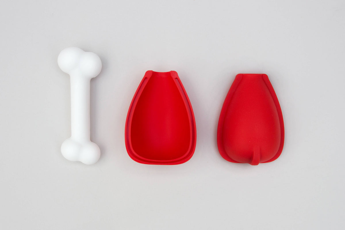 Dog ice lolly maker components: white bone-shaped insert and two red mold halves