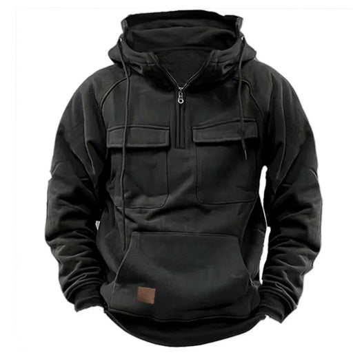 Men’s black zip-up hoodie with drawstring hood, kangaroo pocket and front chest flap pockets