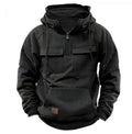 Men’s black zip-up hoodie with drawstring hood, kangaroo pocket and front chest flap pockets