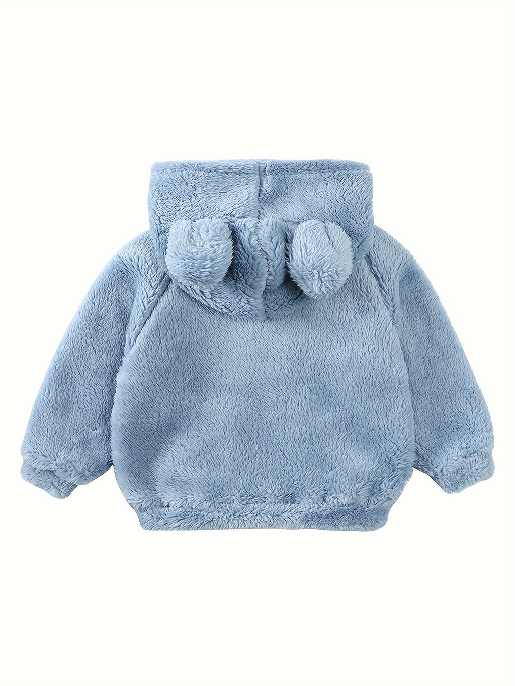 Baby girl fuzzy hooded jacket in light blue plush with bear-ear hood, back view