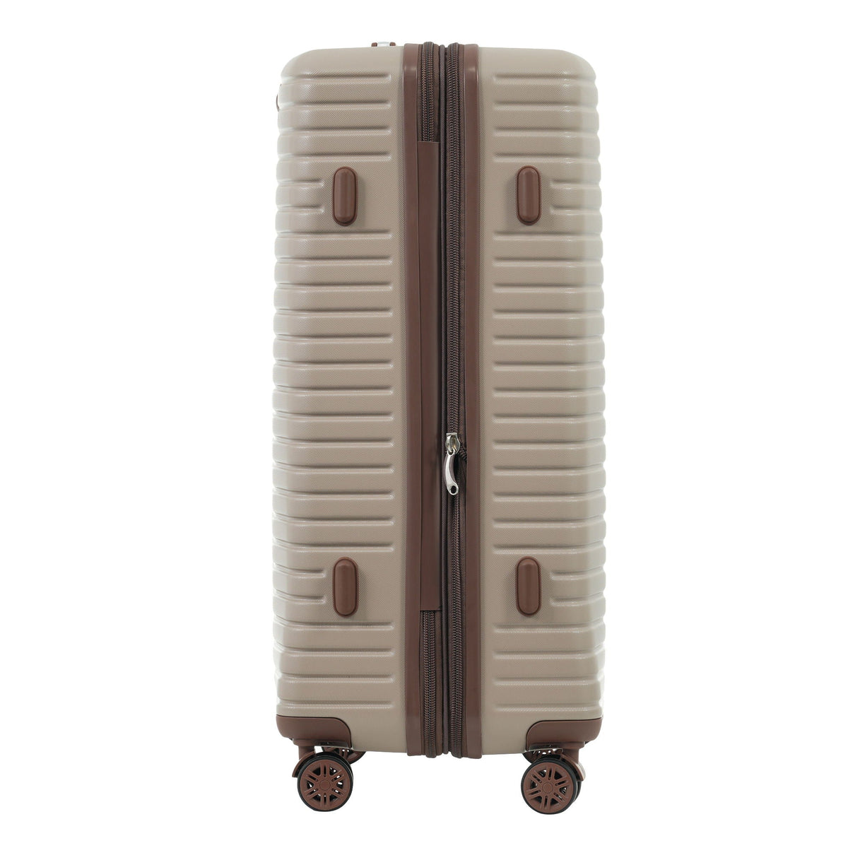 Hard-shell rolling suitcase with beige shell, brown center divider, and side grip pads
