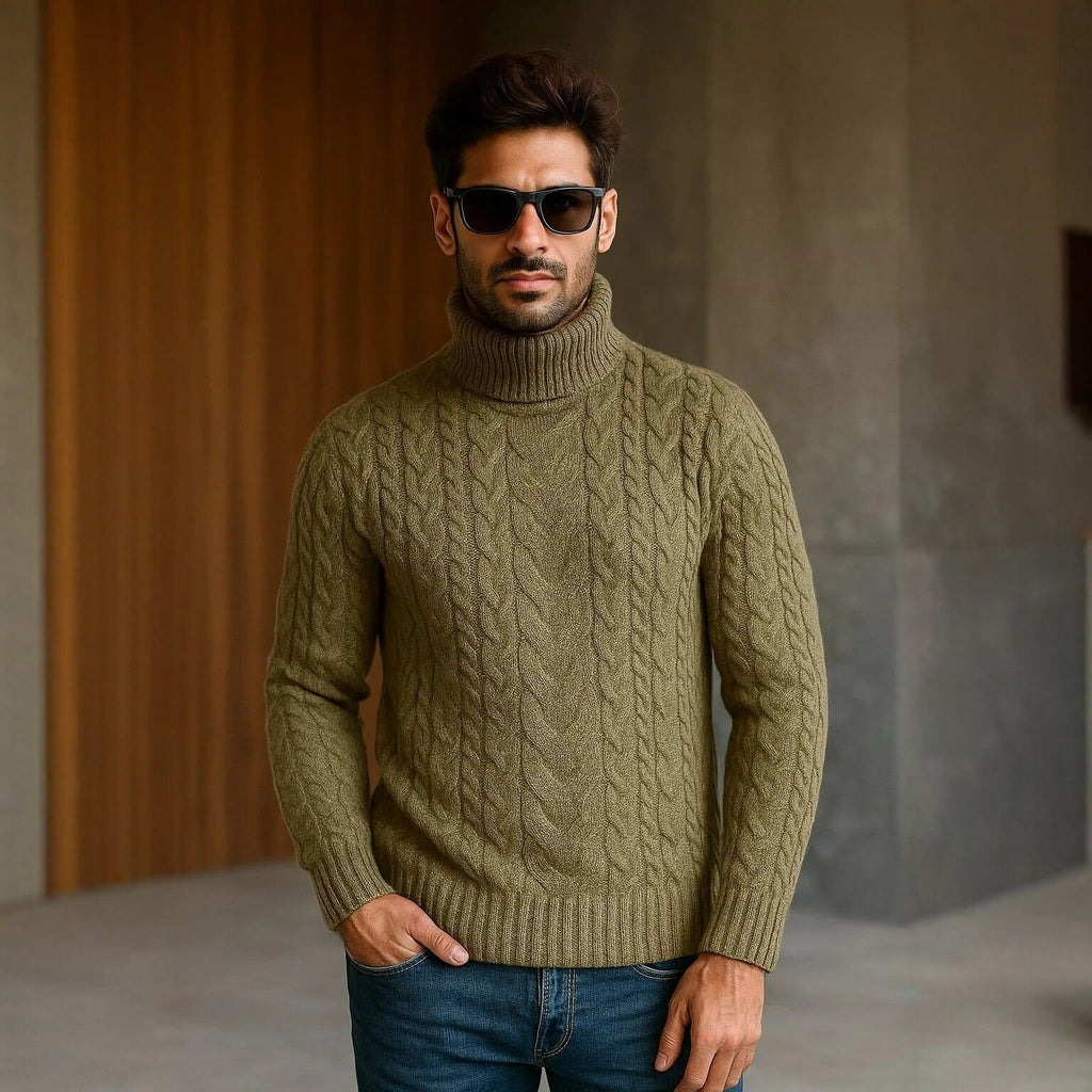 Men's cable-knit turtleneck sweater in olive green, long sleeves, textured pattern.