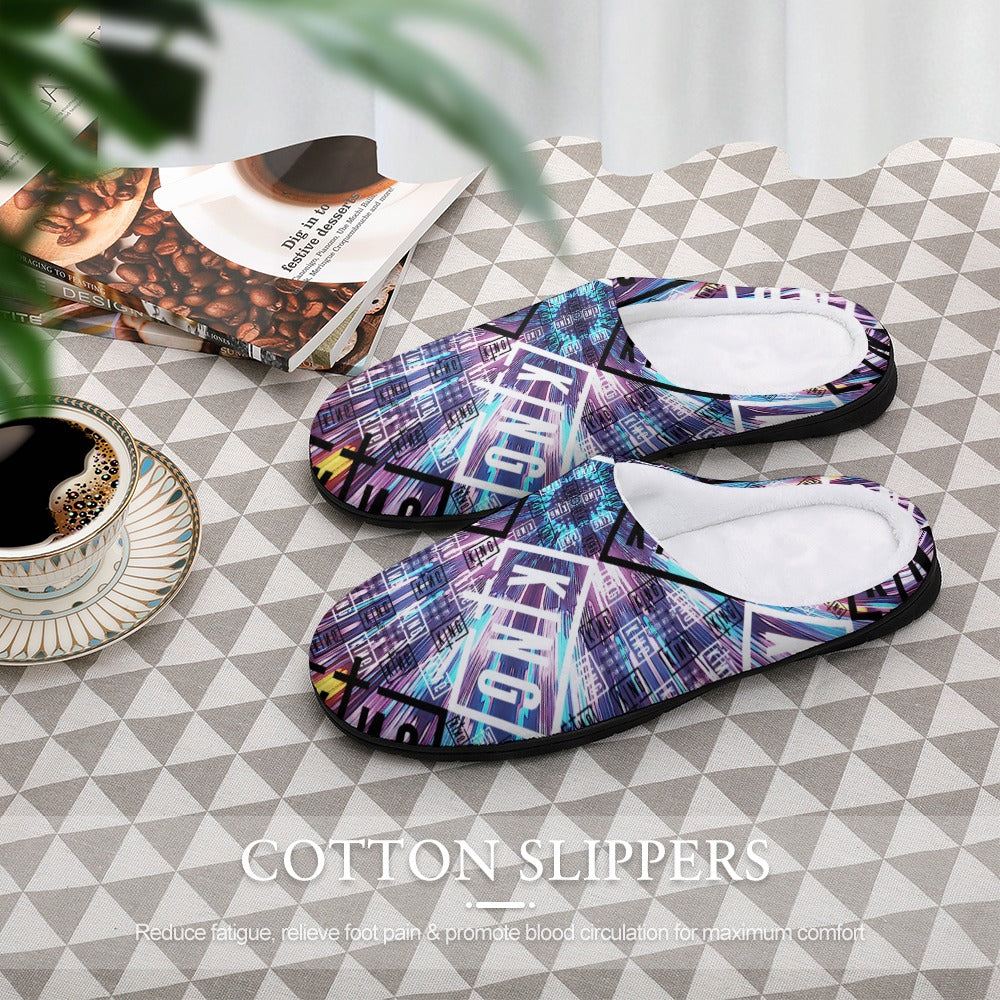 Pair of cotton slip-on slippers with purple-blue tech graphic pattern and white lining