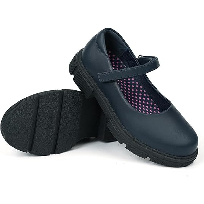 Navy toddler Mary Jane shoes with single strap, cushioned insole, pink dot lining