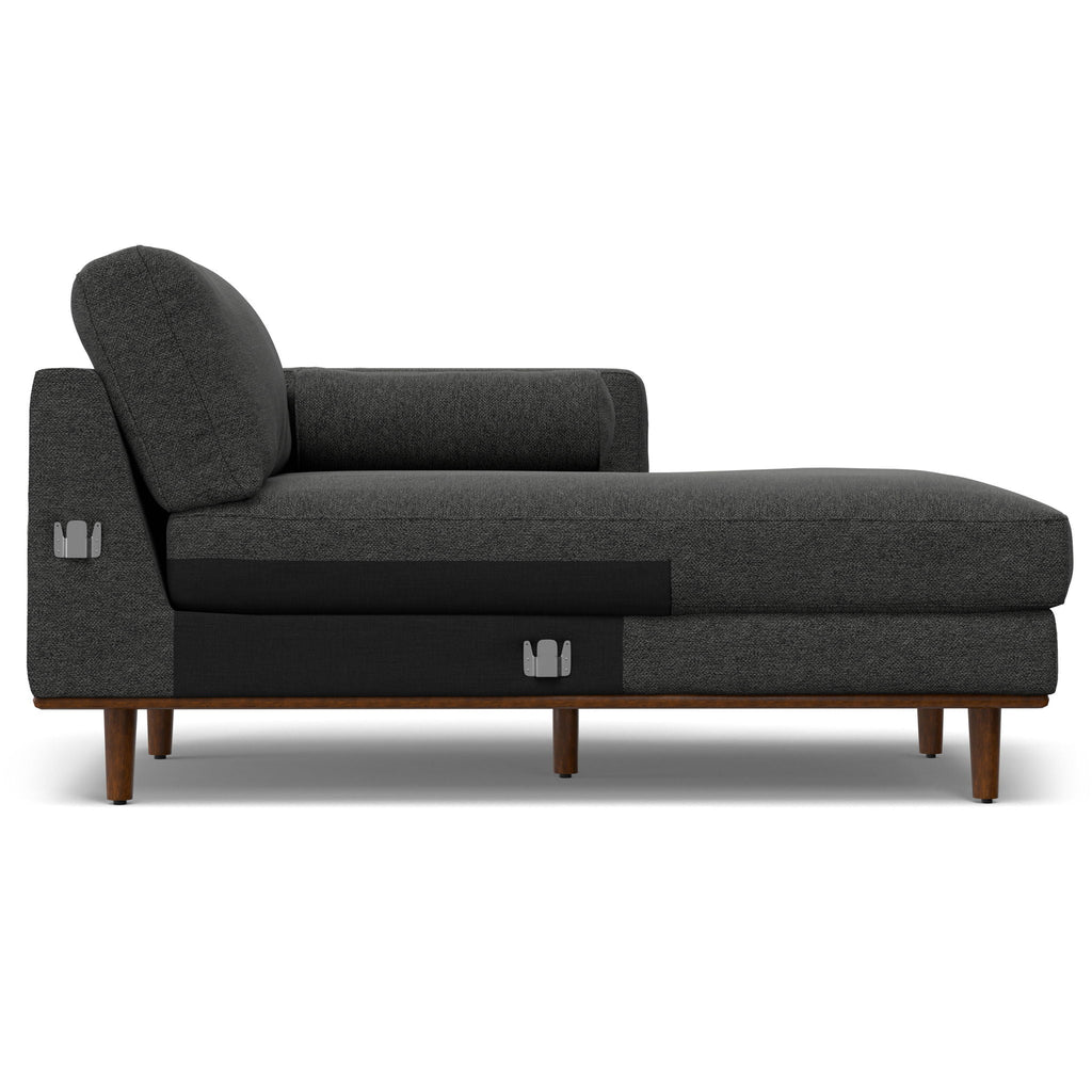 Dark gray fabric chaise sectional sofa with back cushion and wooden legs