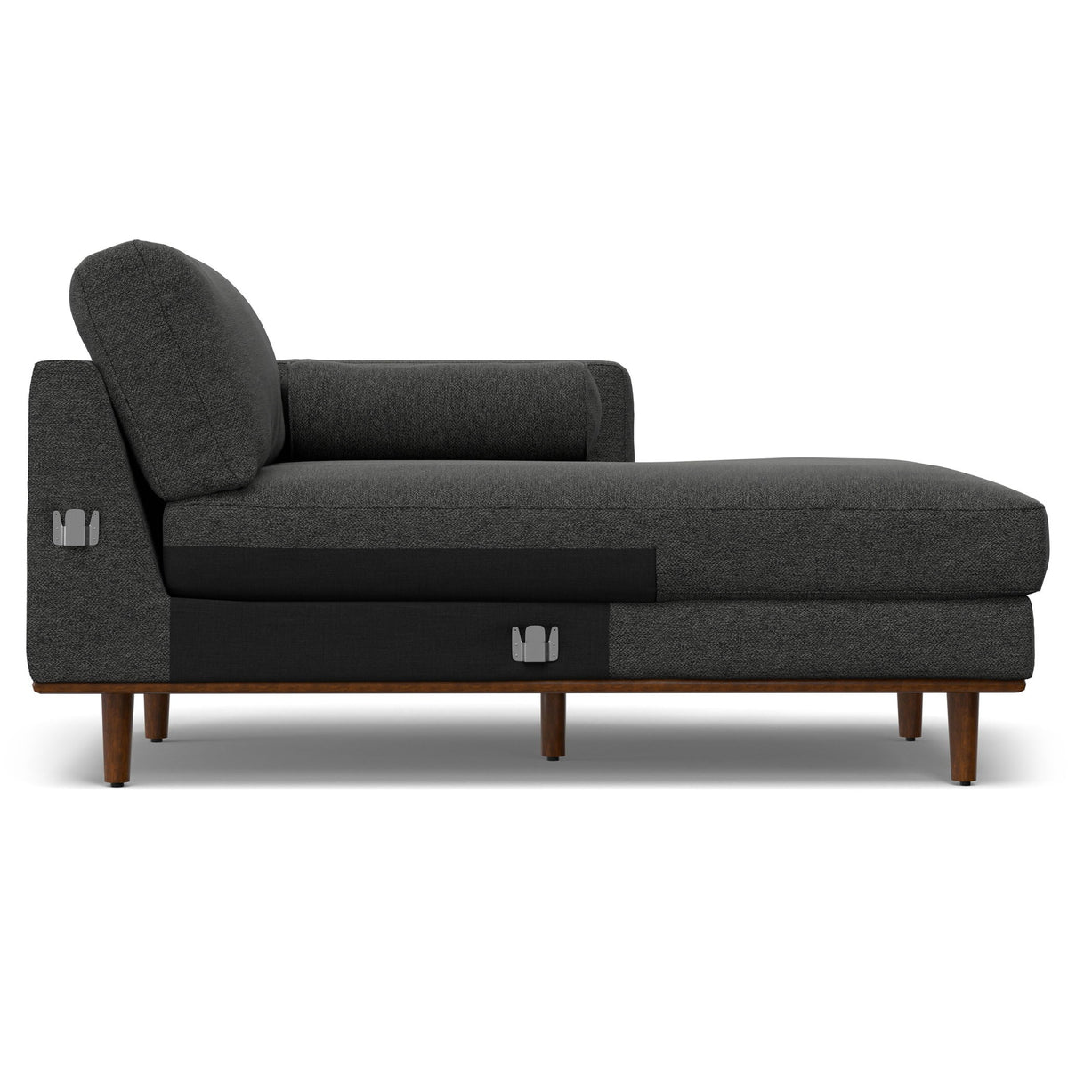 Dark gray fabric chaise sectional sofa with back cushion and wooden legs