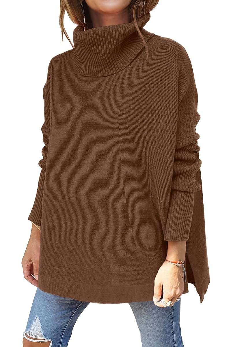 Chocolate brown ribbed knit turtleneck tunic sweater, batwing sleeves, side slit hem