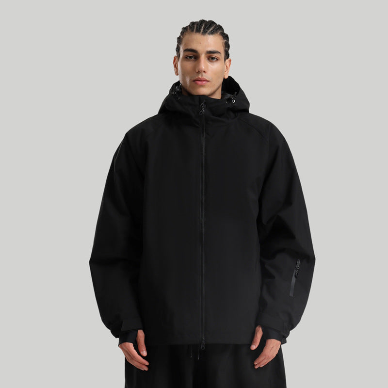 Women's solid-color professional ski suit jacket, black hooded winter coat