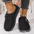 Black plush-lined warm slip-on slippers with buckle strap and cushioned sole
