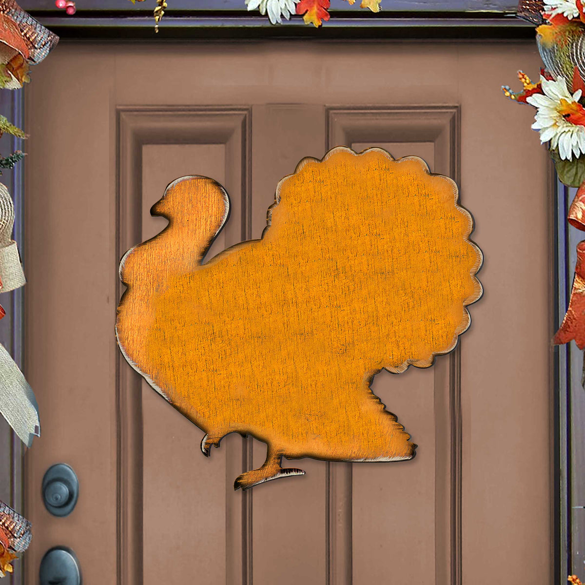 Orange wooden turkey door hanger with scalloped edge and hanging loop
