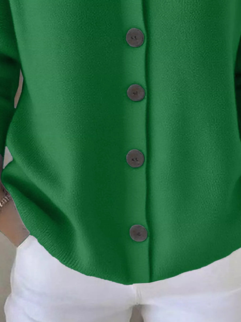 Green hooded button-front soft knit cardigan with round buttons and long sleeves