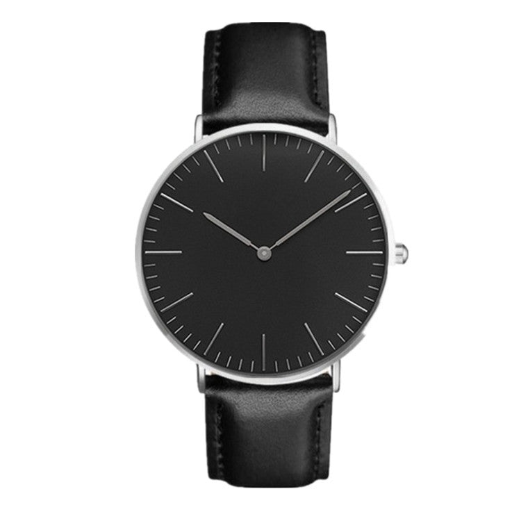 Quartz wristwatch with black dial, black leather strap, gold-toned case