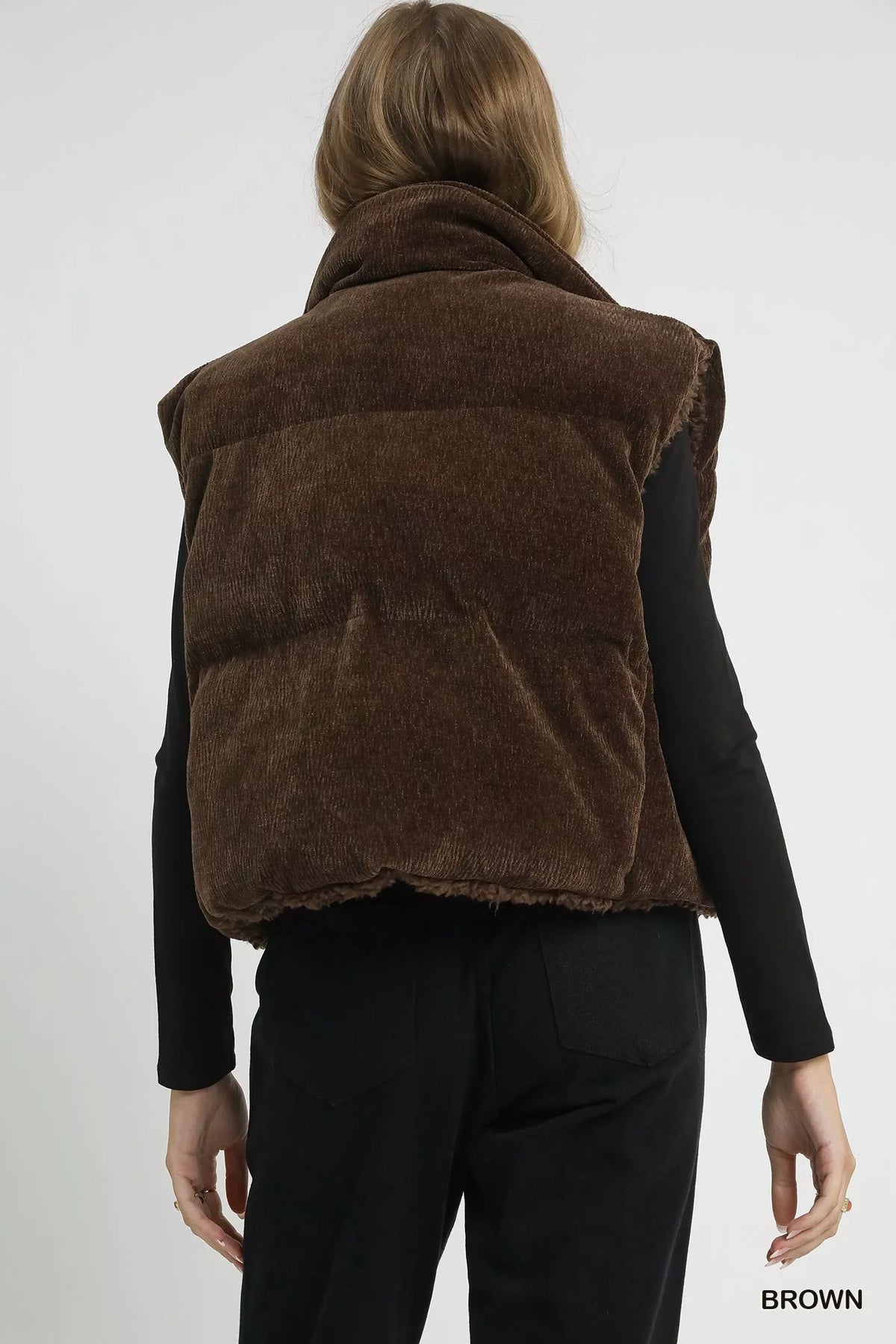 Brown sherpa-lined zip vest with drawstring hem, back view