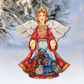 Nativity angel wooden ornament with red robe, white wings, and blue manger scene.