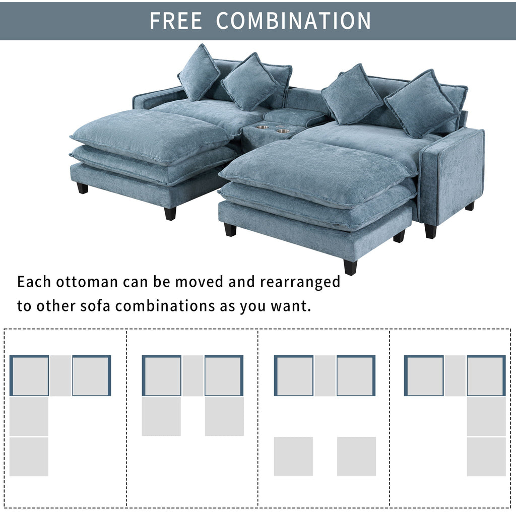 Light blue sectional sofa with movable ottomans and four accent pillows