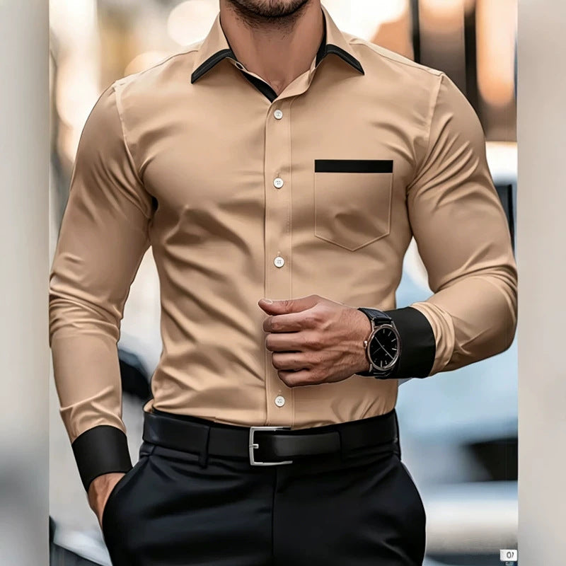 Men's tan/beige contrast-color dress shirt, black collar and sleeve cuff trim