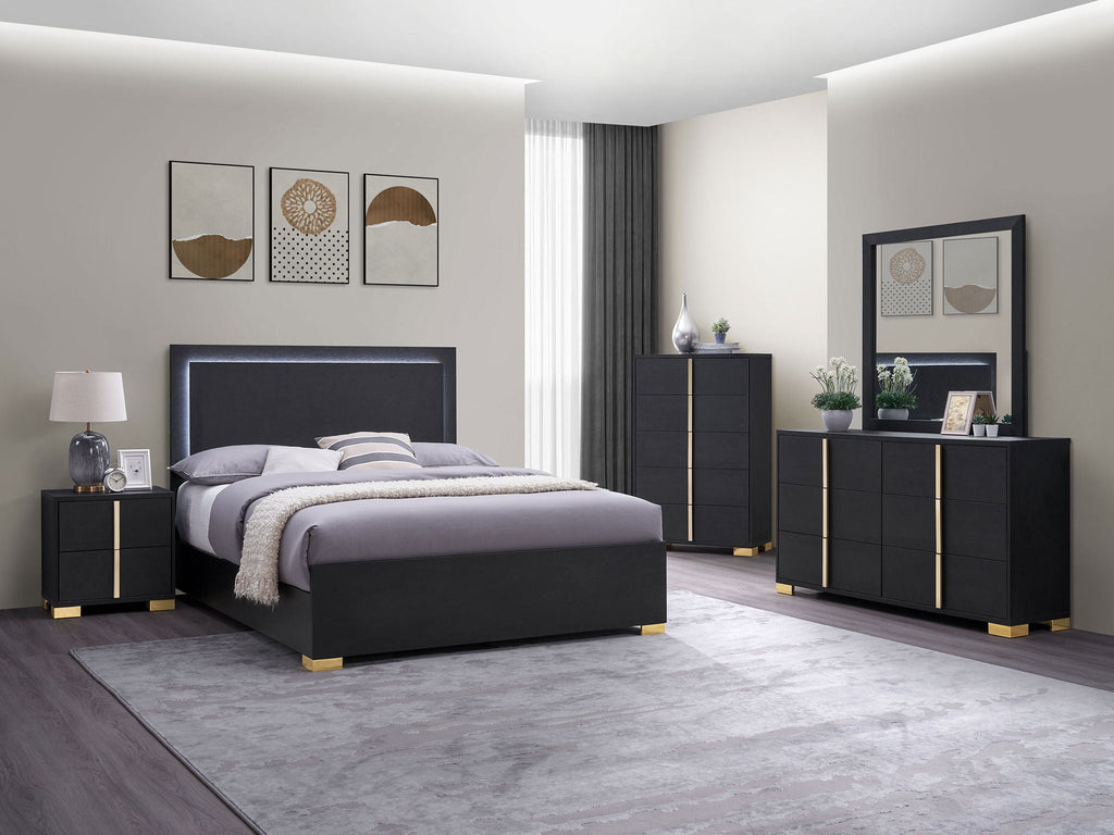 Queen bedroom set in black with bed, nightstands, dresser, and wall mirror