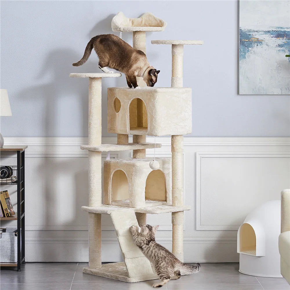 Beige cat tree with two enclosed condos, platforms, scratching posts and a climbing ramp