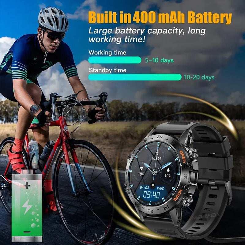 Black Bluetooth calling smartwatch with round face and black silicone strap