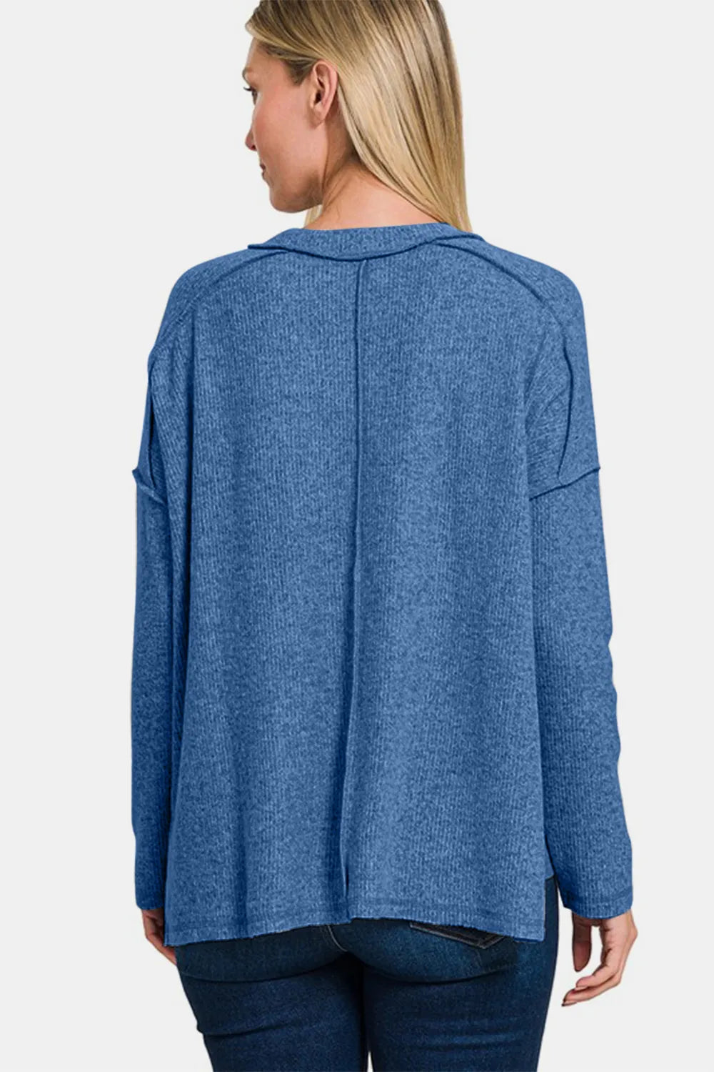 Women's navy-blue brushed round-neck sweater back view with exposed seams