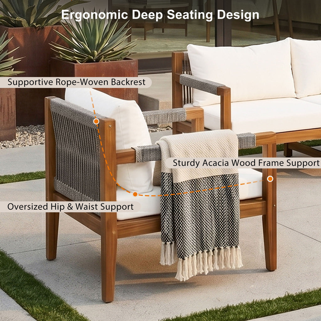 Outdoor chair with gray cushions, acacia wood frame, rope arm and back panel
