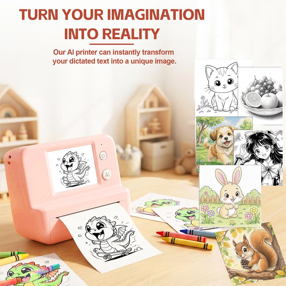Pink portable AI doodle printer with screen and output paper cards