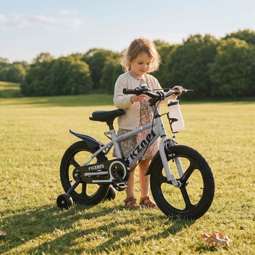 Kids 16-inch training bike with adjustable seat, white frame, black wheels and handlebars.