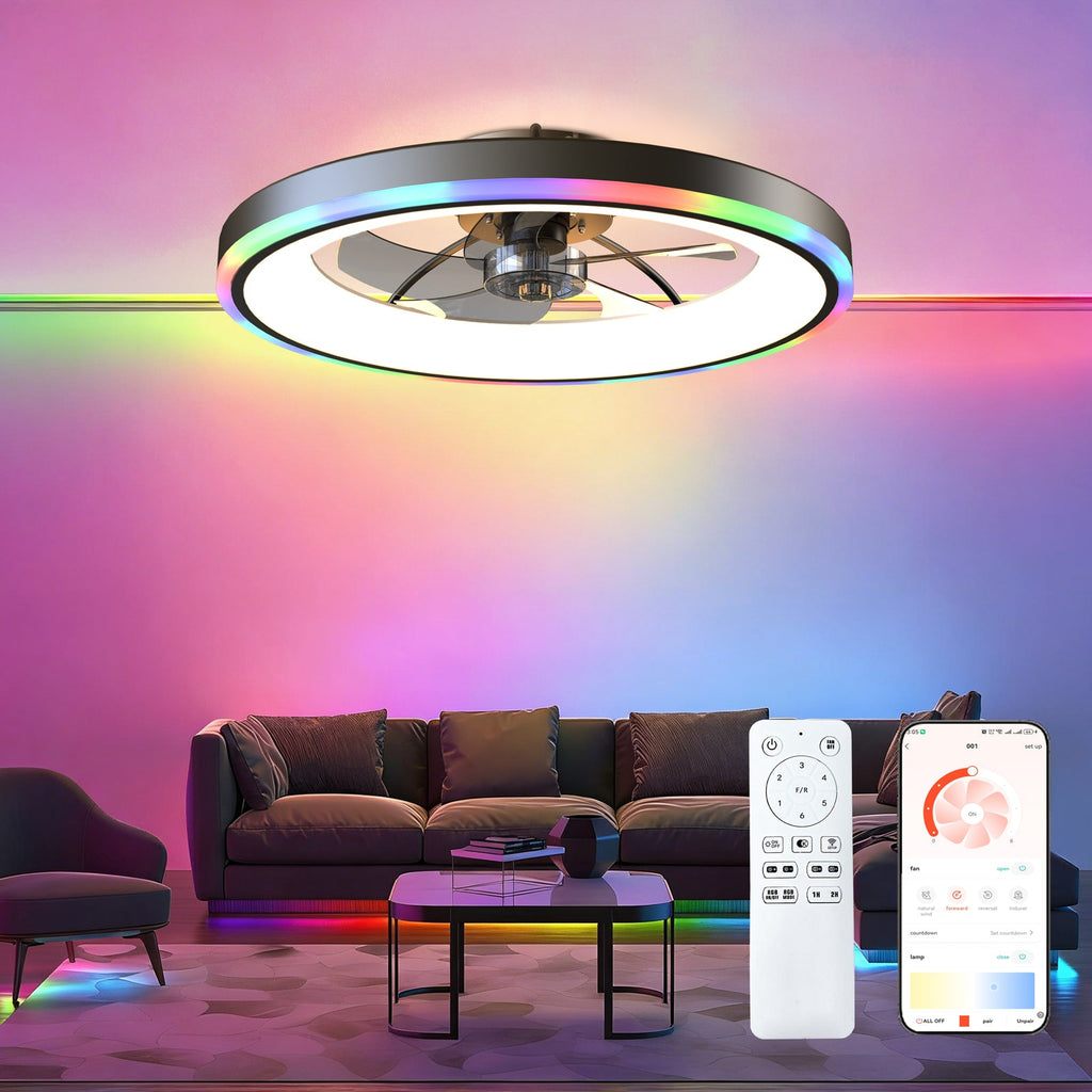 Black flush-mount ceiling fan with a bright LED ring and multicolor RGB edge