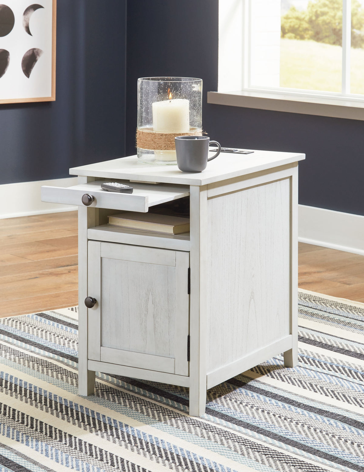 Light wood chair side end table with two drawers, open shelf, and metal handles