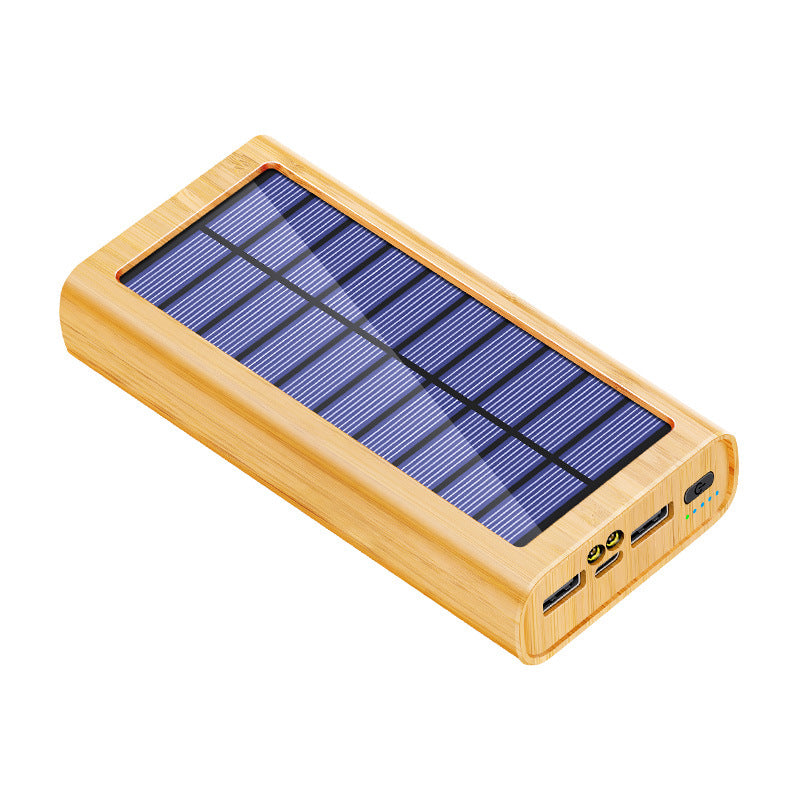 Wood-grain solar charger power bank with solar panel and front output ports