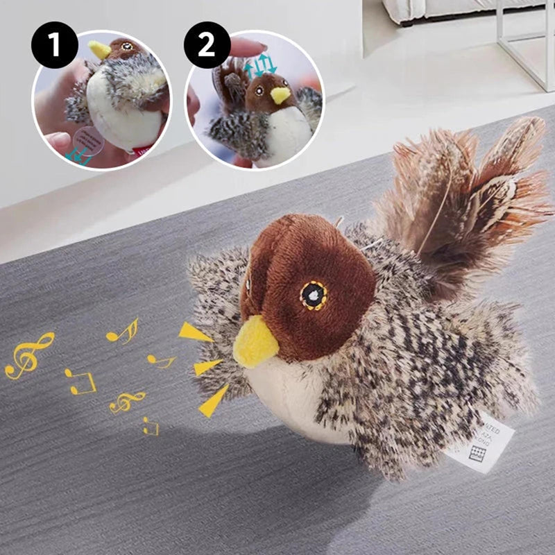 Plush bird cat toy on the floor with brown head, yellow beak, and feathered wings