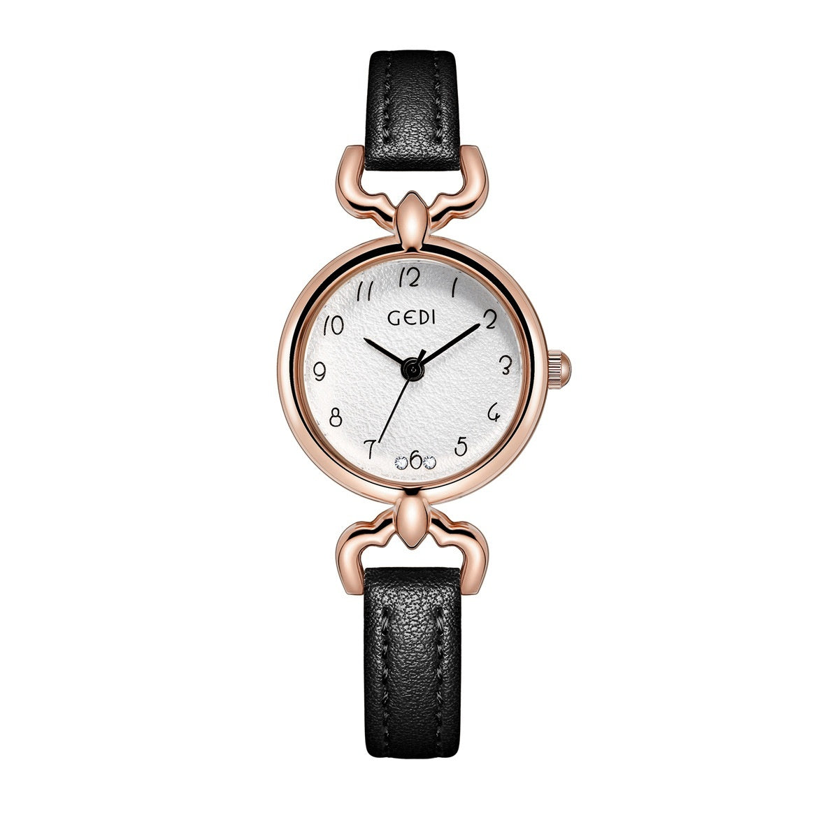 Petite ladies quartz watch with black leather strap and rose-gold case with white dial