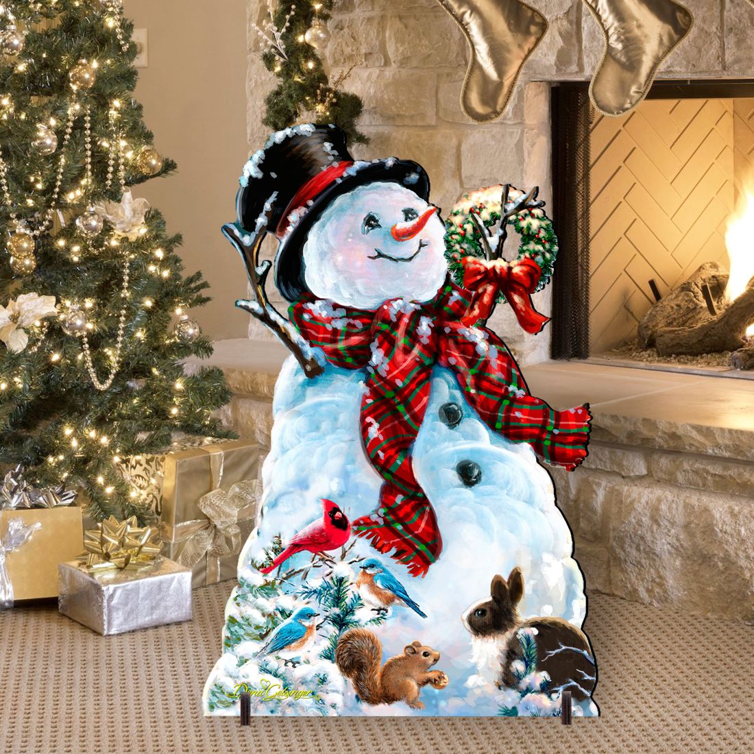 Outdoor snowman Christmas yard sign with wreath, plaid scarf, birds and woodland animals