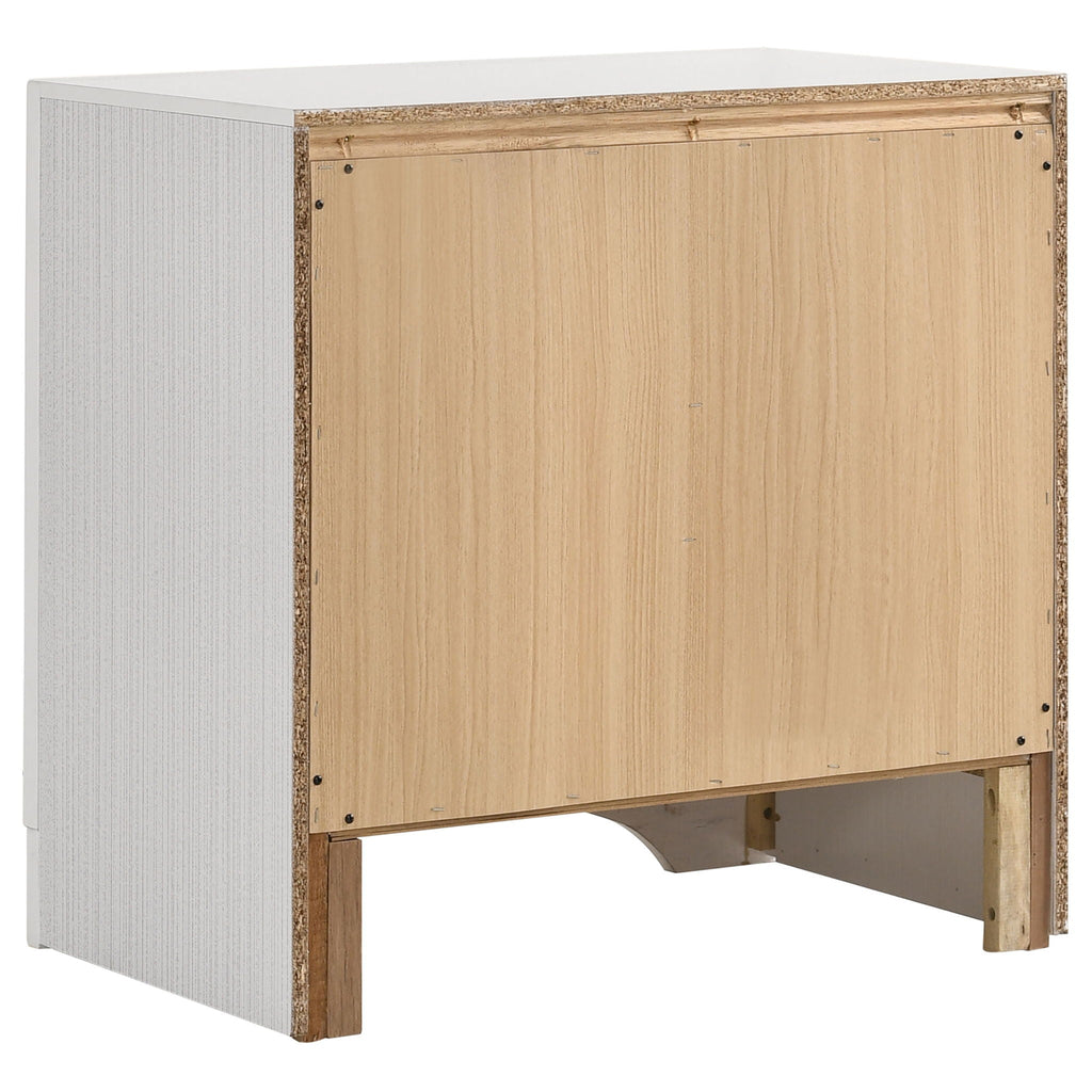 White dresser base with light wood panel and open underside view