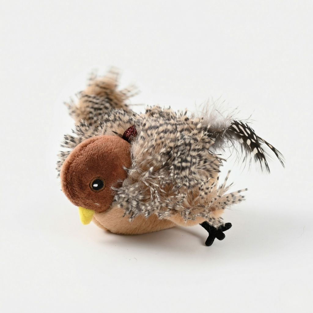 Sparrow-style plush interactive cat toy, close-up of feathered body