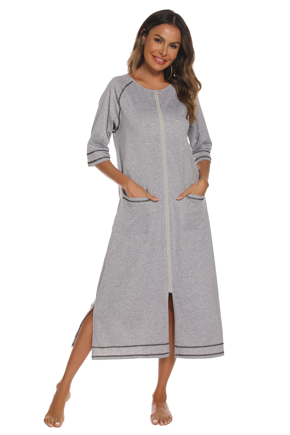 Heather gray zip-up round neck night dress with side slit and contrast-trim pockets