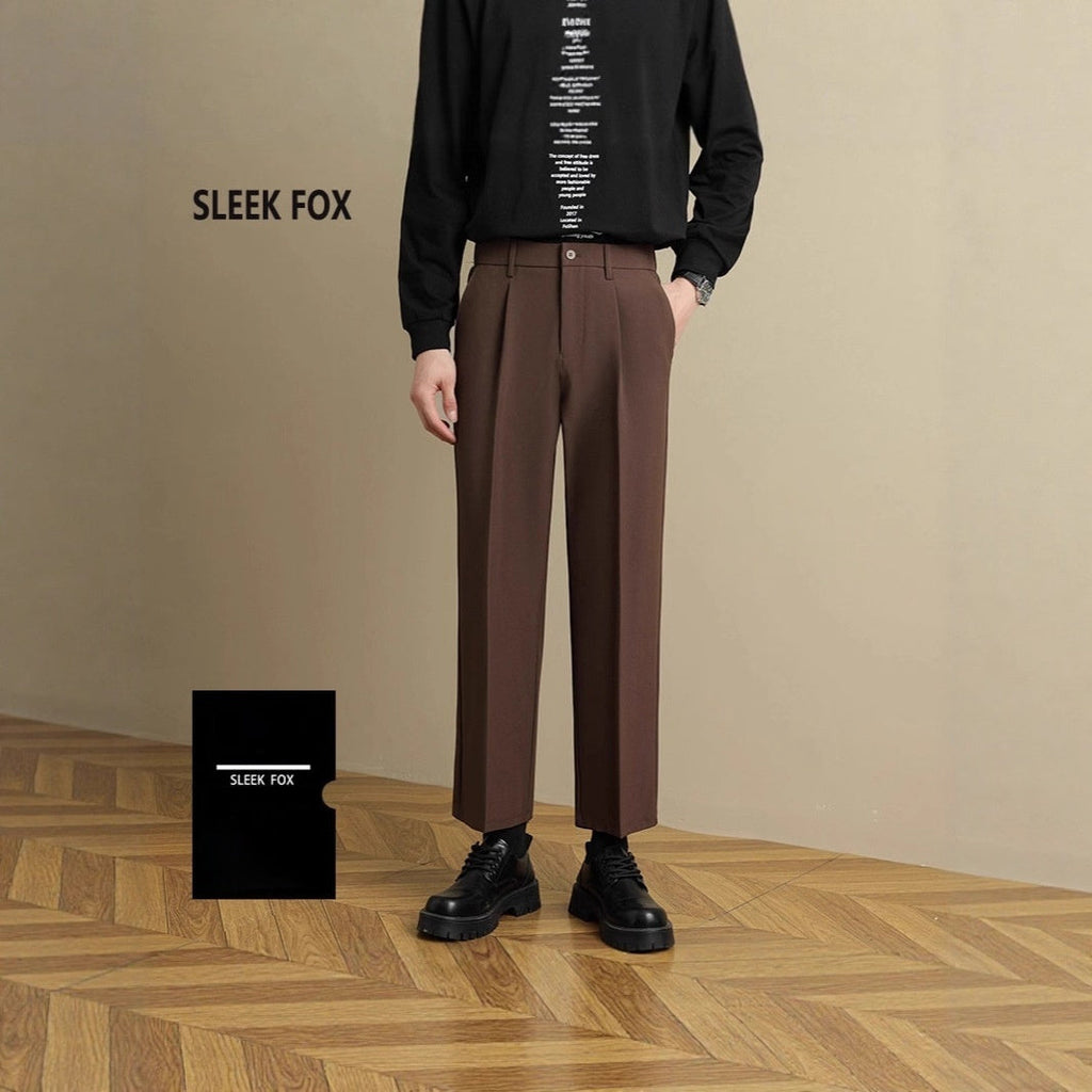 Men’s straight suit trousers, dark brown, pleated front with belt loops and button closure