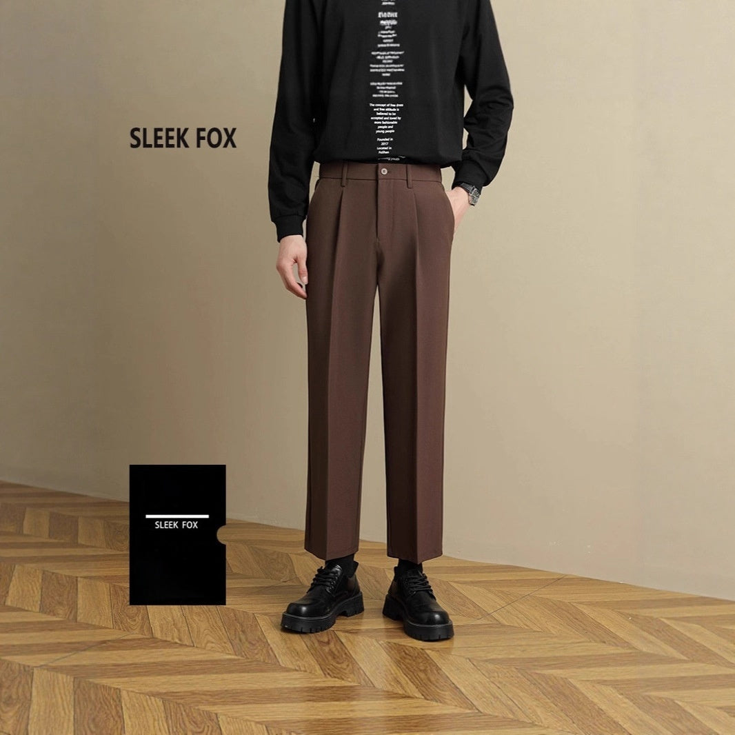 Men’s straight suit trousers, dark brown, pleated front with belt loops and button closure