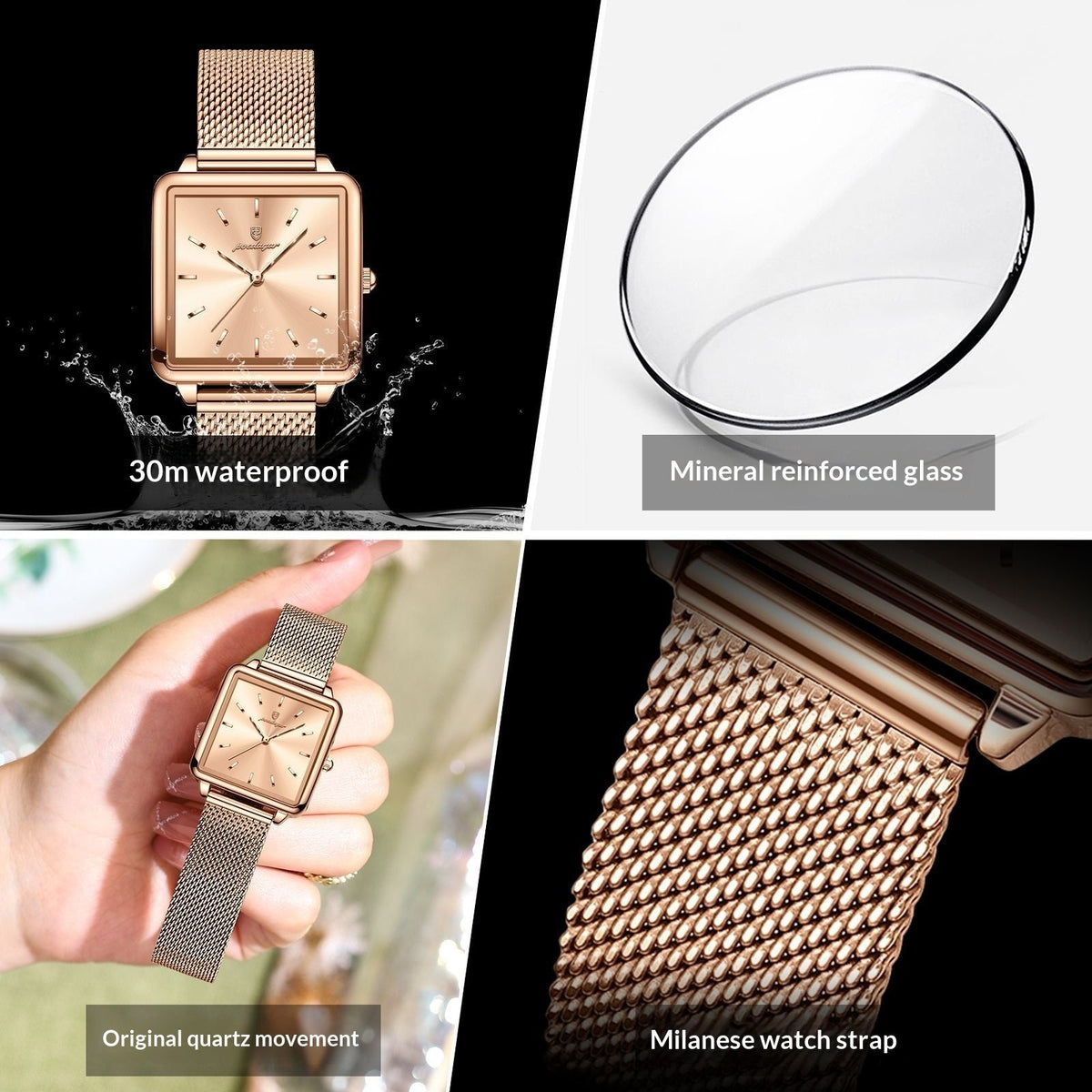 Square quartz watch close-up with light face and rose gold mesh metal strap