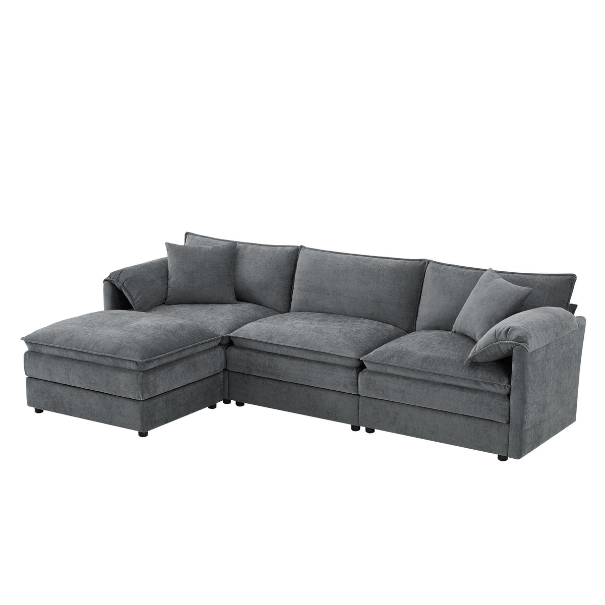 Dark gray modular sectional sofa with movable ottoman and deep cushioned seats