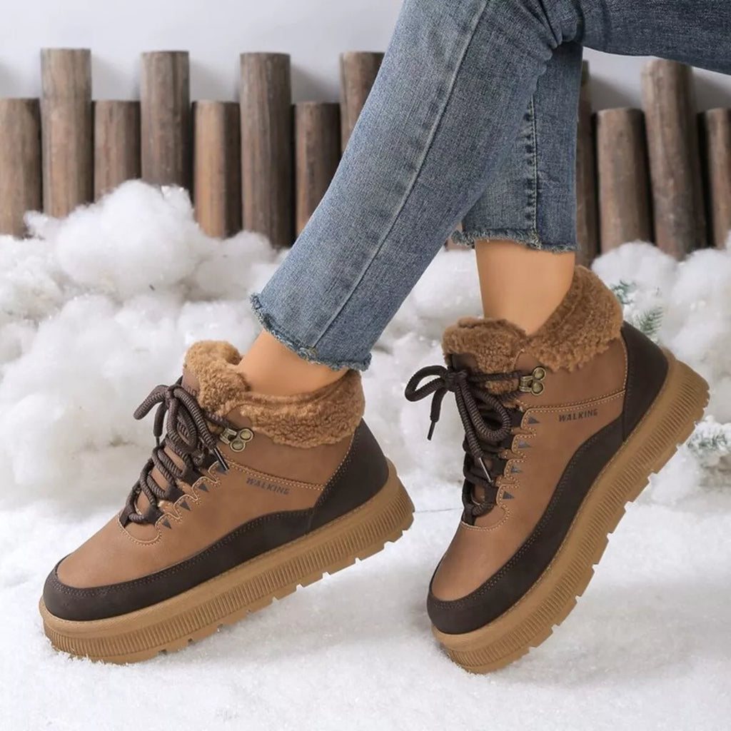 Caramel lace-up platform ankle boots with tan faux-fur trim and thick platform sole