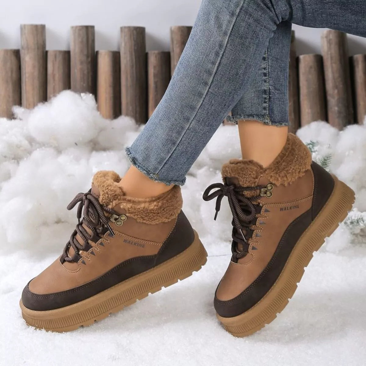 Caramel lace-up platform ankle boots with tan faux-fur trim and thick platform sole