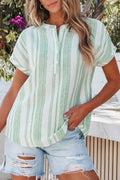 Light green striped gauze blouse with half-button placket and short sleeves