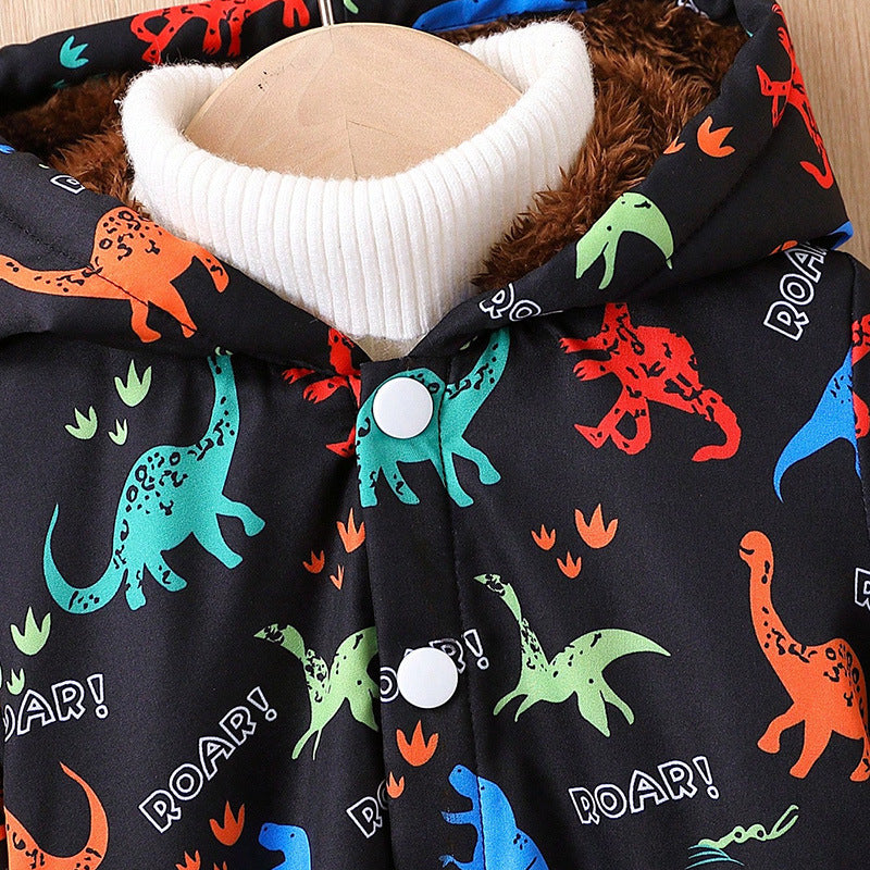 Black hooded coat with white ribbed knit collar and colorful dinosaur pattern, front snaps