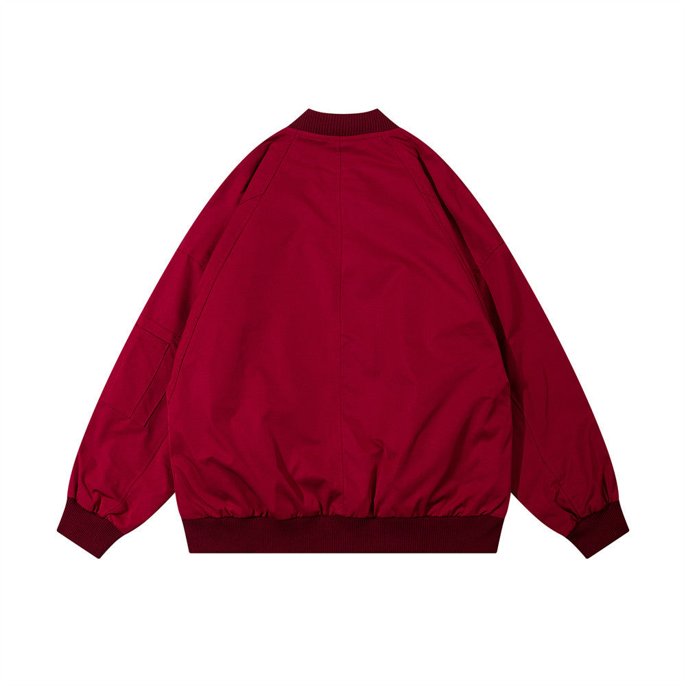 Red men's jacket coat, back view with ribbed cuffs and elastic hem