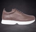 WOA brown low-top sneaker with white sole, lace-up front, stitched logo on side
